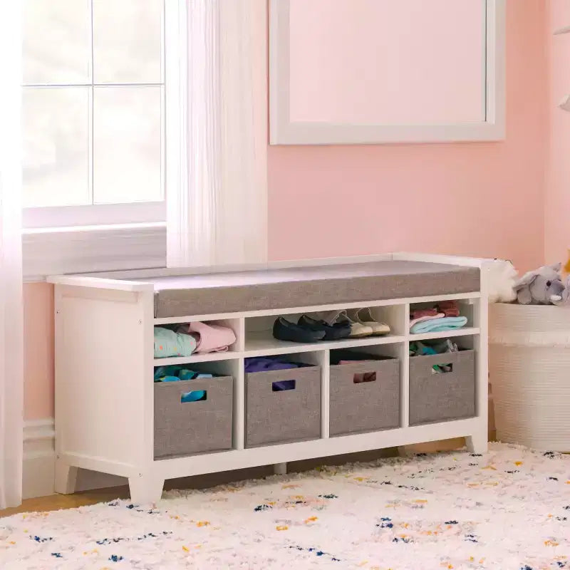 Banc de rangement pour enfants Martha Stewart : étagère de bibliothèque en bois pour salle de jeux pour enfants, coin lecture et organisateur de jouets avec bac en tissu