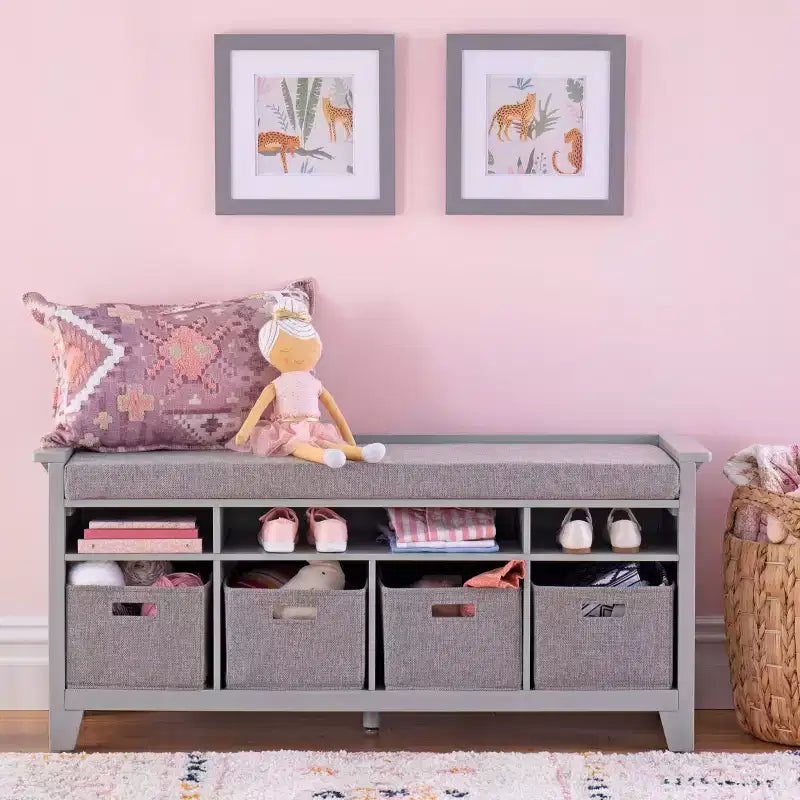 Banc de rangement pour enfants Martha Stewart : étagère de bibliothèque en bois pour salle de jeux pour enfants, coin lecture et organisateur de jouets avec bac en tissu