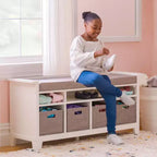 Martha Stewart Kids' Storage Bench: Children's Wooden Playroom Bookshelf Reading Nook and Toy Organizer with Fabric Bin