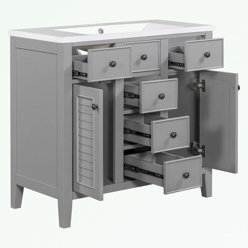 Bathroom Vanity with Ceramic Basin, Two Cabinets and Five Drawers