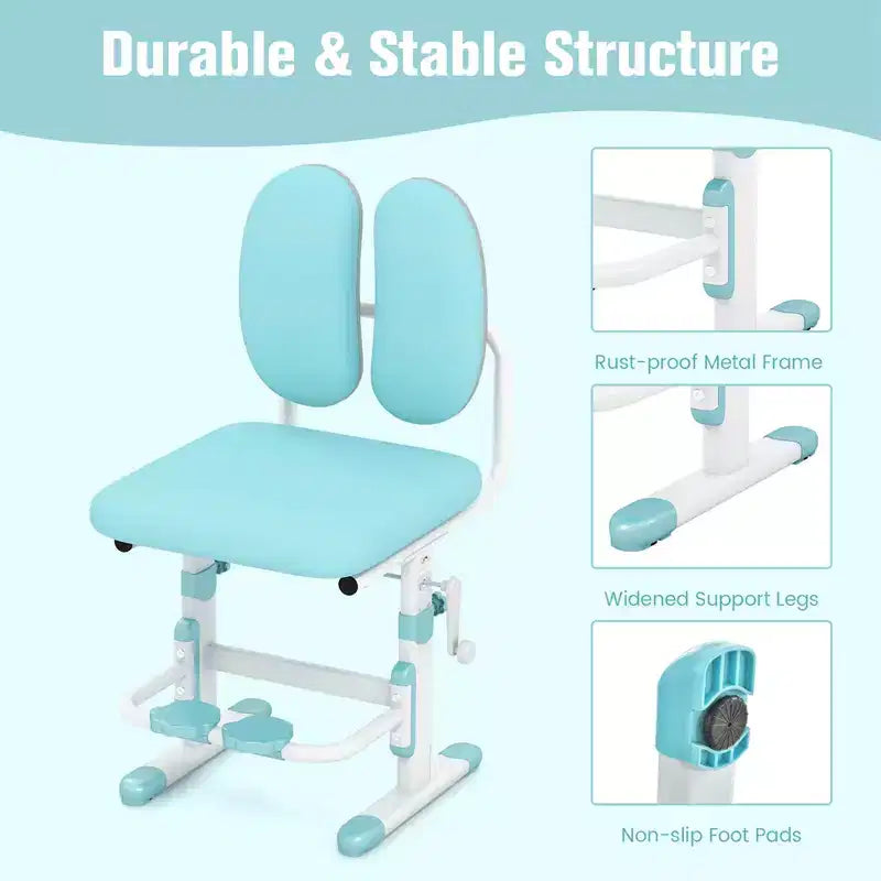 Chaise de bureau enfant Costway réglable en hauteur avec double dossier et repose-pieds rotatifs Bleu/Rose