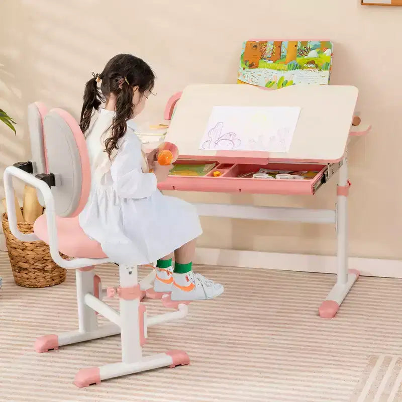 Chaise de bureau enfant Costway réglable en hauteur avec double dossier et repose-pieds rotatifs Bleu/Rose