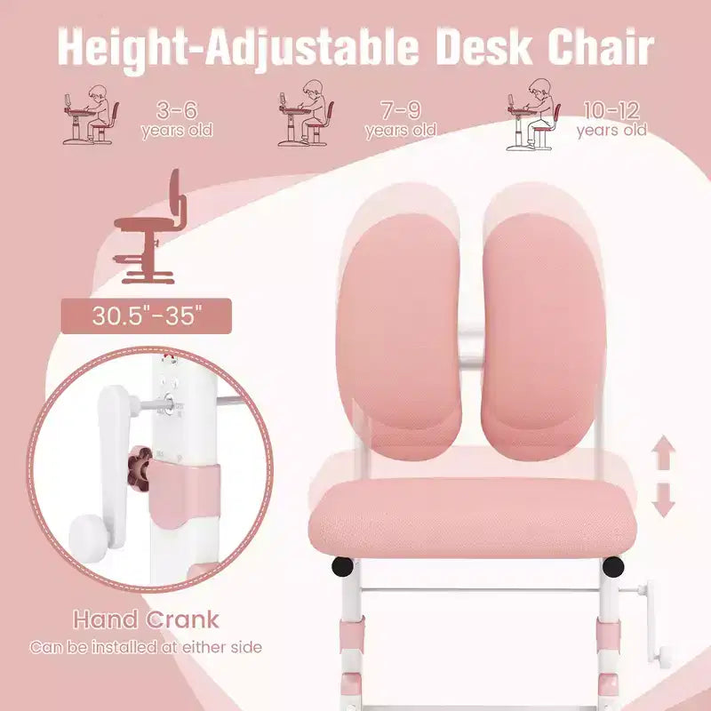 Chaise de bureau enfant Costway réglable en hauteur avec double dossier et repose-pieds rotatifs Bleu/Rose
