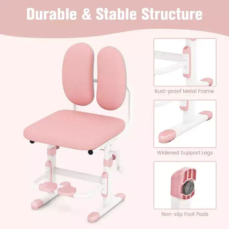 Chaise de bureau enfant Costway réglable en hauteur avec double dossier et repose-pieds rotatifs Bleu/Rose