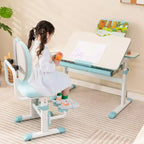 Chaise de bureau enfant Costway réglable en hauteur avec double dossier et repose-pieds rotatifs Bleu/Rose