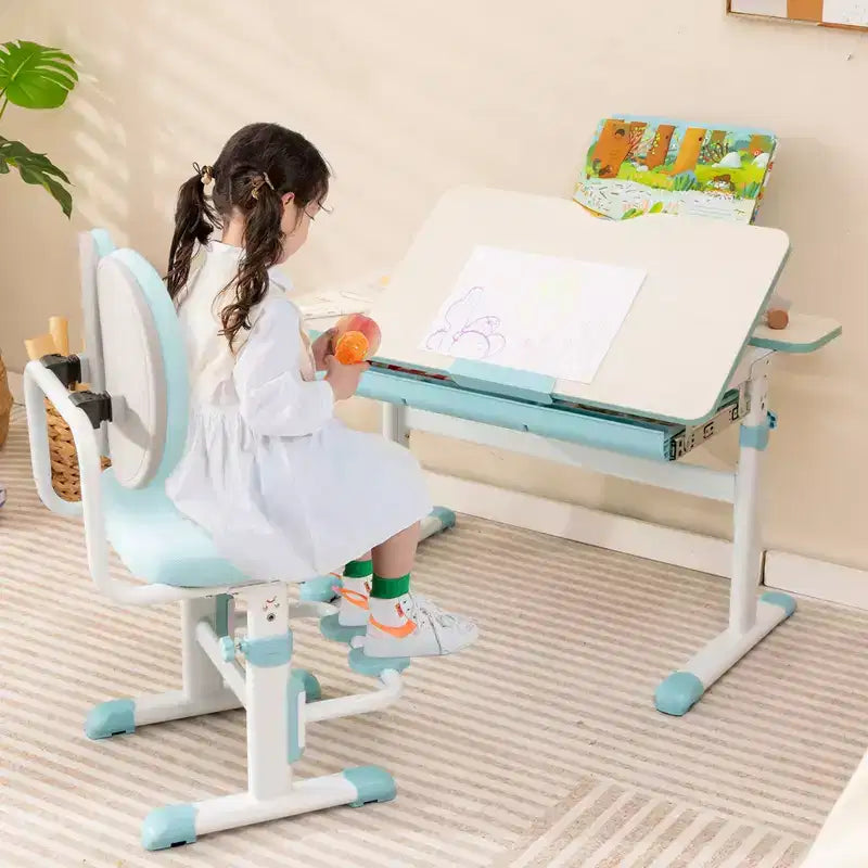 Chaise de bureau enfant Costway réglable en hauteur avec double dossier et repose-pieds rotatifs Bleu/Rose