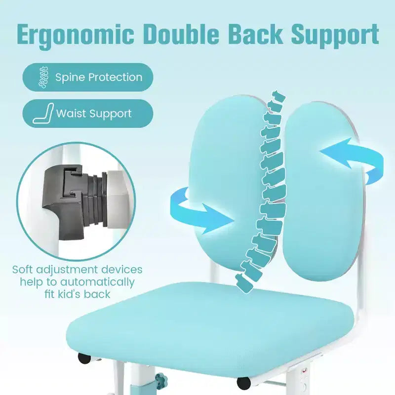 Chaise de bureau enfant Costway réglable en hauteur avec double dossier et repose-pieds rotatifs Bleu/Rose