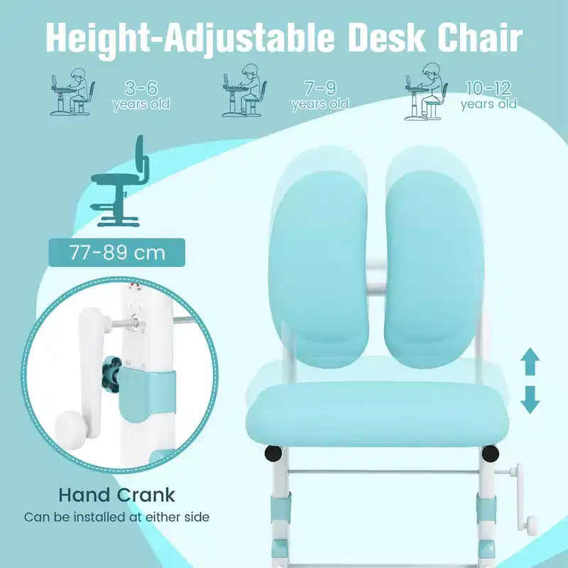 Chaise de bureau enfant Costway réglable en hauteur avec double dossier et repose-pieds rotatifs Bleu/Rose