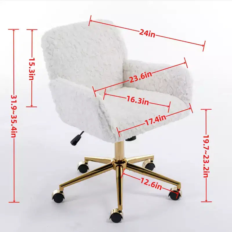 Chaise de bureau réglable en fausse fourrure de lapin avec base en métal doré, beige - ModernLuxe