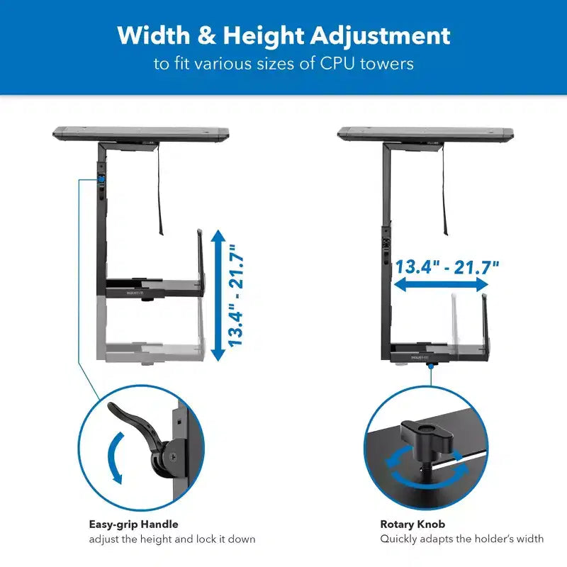 Mount-It! Support d'ordinateur de luxe robuste pour dessous de bureau | Support de processeur réglable en hauteur avec rails coulissants | Capacité de poids de 15 kg | Noir