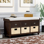 Banc de rangement rustique avec 3 tiroirs et 3 paniers en rotin, banc à chaussures pour salon, entrée