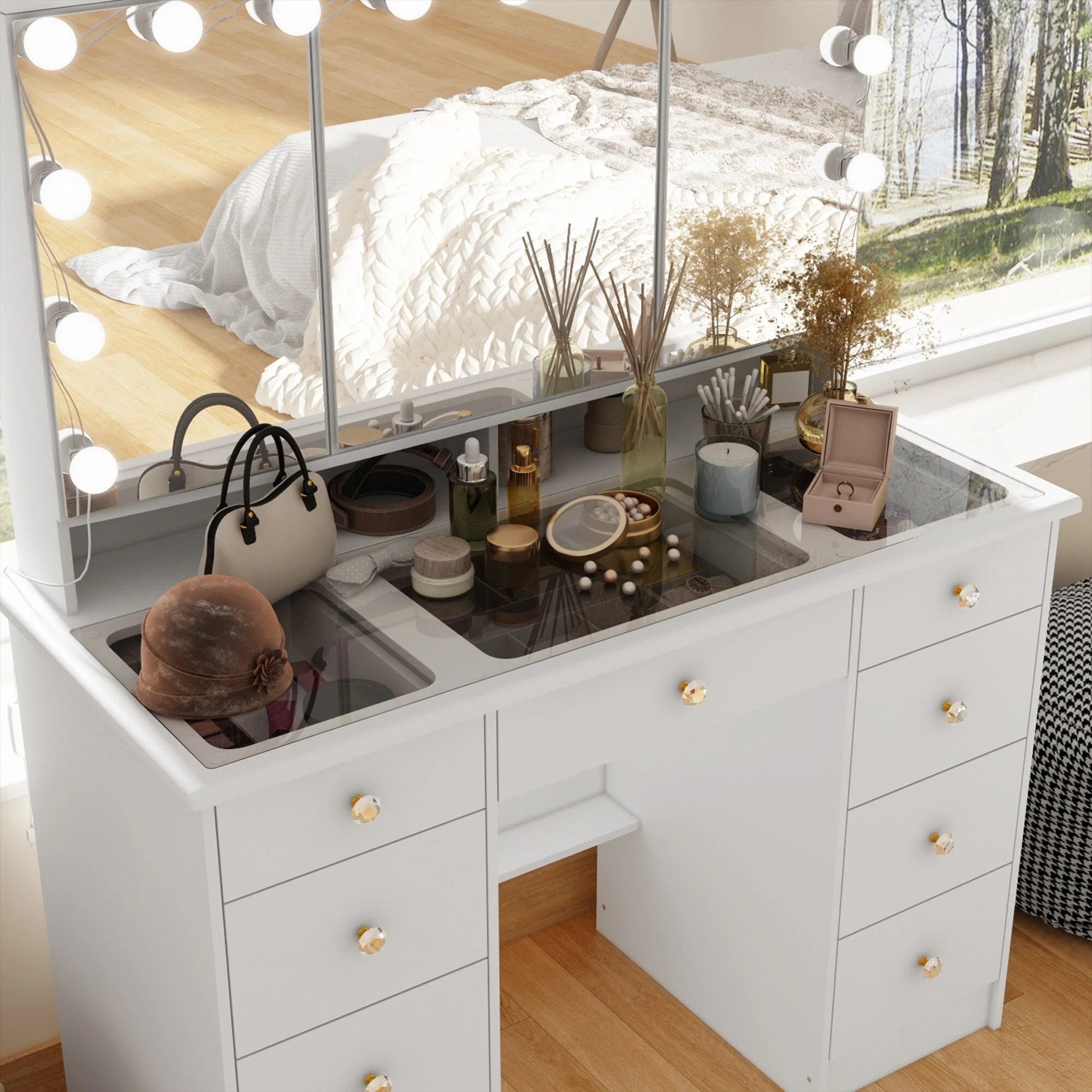 Makeup Vanity w/Tri-Fold Mirror Certified Lighting Glass Top Dresser