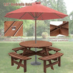 8-Person Outdoor Patio Fir Wood Round Picnic Dining Set with 4 Built-in Benches and Umbrella Hole