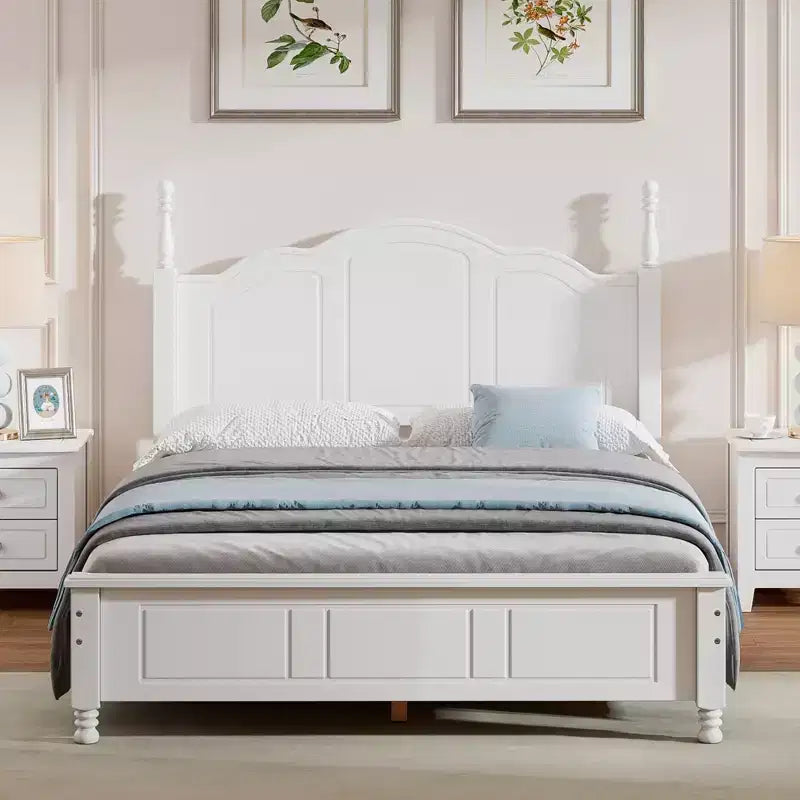 Cadre de lit plateforme en bois Queen/grand lit avec tête de lit de style rétro et support de lattes en bois-ModernLuxe