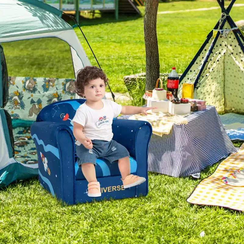Costway Canapé pour enfants Fauteuil rembourré pour tout-petits avec accoudoirs et cadre en bois massif Bleu marine