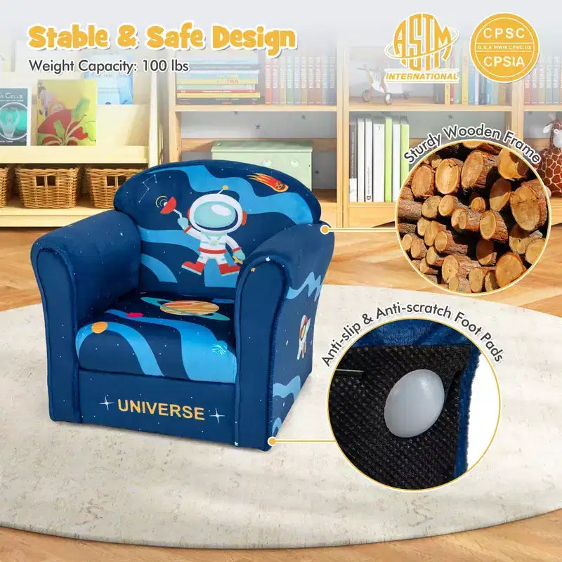 Costway Canapé pour enfants Fauteuil rembourré pour tout-petits avec accoudoirs et cadre en bois massif Bleu marine