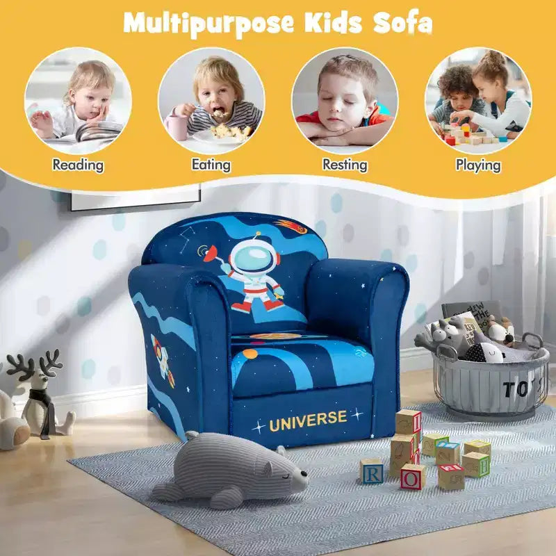 Costway Canapé pour enfants Fauteuil rembourré pour tout-petits avec accoudoirs et cadre en bois massif Bleu marine