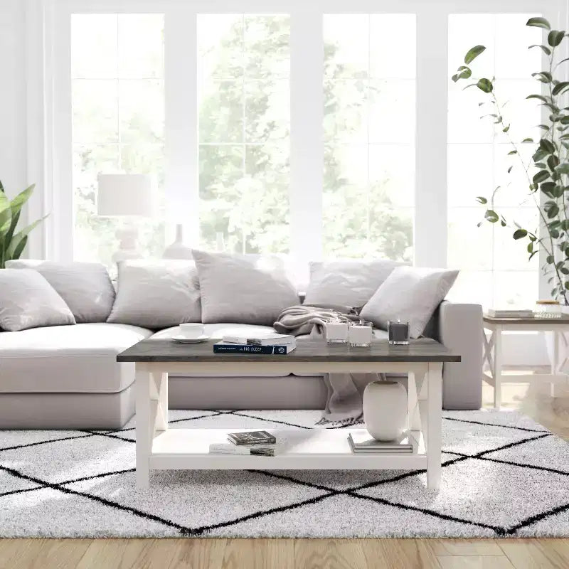 Table basse rustique Merrick Lane avec étagère inférieure, table d'appoint en bois massif de style ferme