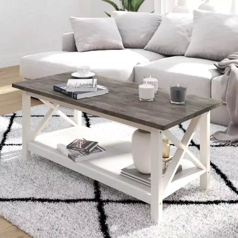 Table basse rustique Merrick Lane avec étagère inférieure, table d'appoint en bois massif de style ferme