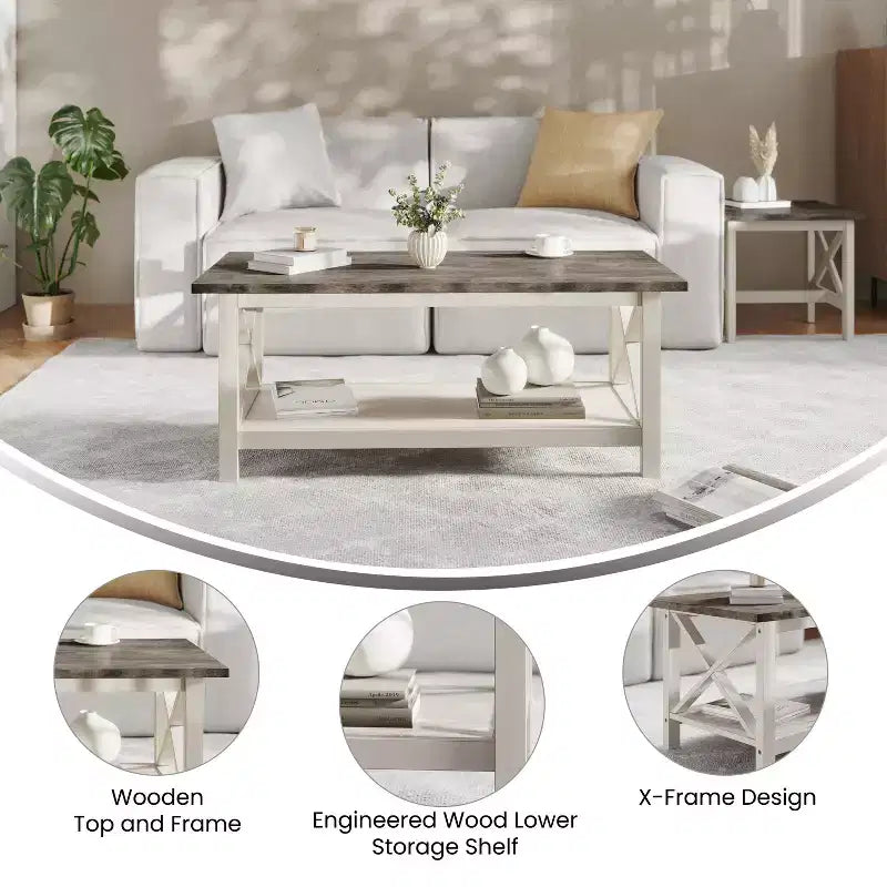Table basse rustique Merrick Lane avec étagère inférieure, table d'appoint en bois massif de style ferme