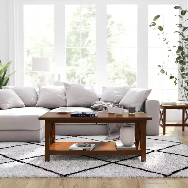 Table basse rustique Merrick Lane avec étagère inférieure, table d'appoint en bois massif de style ferme
