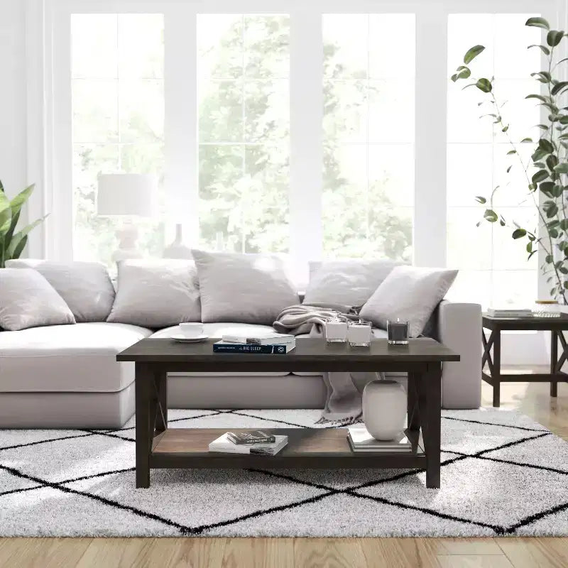 Table basse rustique Merrick Lane avec étagère inférieure, table d'appoint en bois massif de style ferme