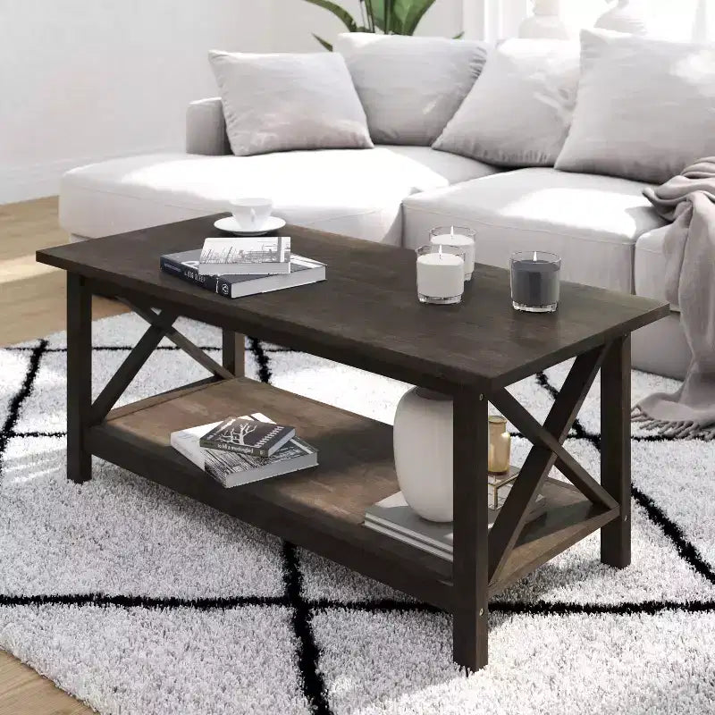 Table basse rustique Merrick Lane avec étagère inférieure, table d'appoint en bois massif de style ferme