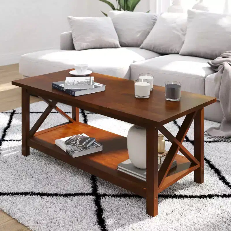 Table basse rustique Merrick Lane avec étagère inférieure, table d'appoint en bois massif de style ferme