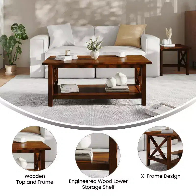 Table basse rustique Merrick Lane avec étagère inférieure, table d'appoint en bois massif de style ferme