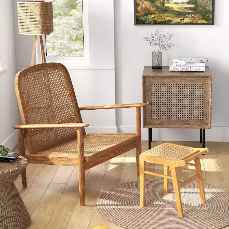 Costway Tabouret de Vanité en Bambou, Repose-Pieds Ottomane avec Dessus en Rotin, pour Salon Chambre, Naturel