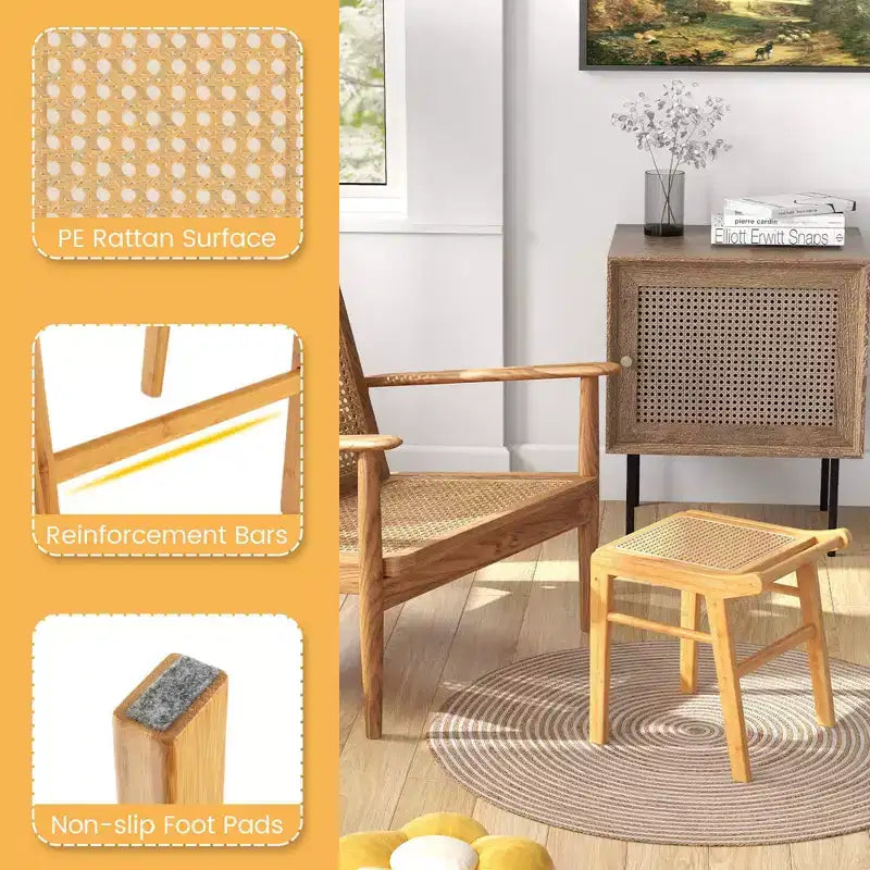 Costway Tabouret de Vanité en Bambou, Repose-Pieds Ottomane avec Dessus en Rotin, pour Salon Chambre, Naturel