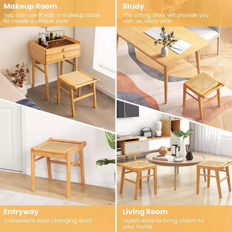 Costway Tabouret de Vanité en Bambou, Repose-Pieds Ottomane avec Dessus en Rotin, pour Salon Chambre, Naturel