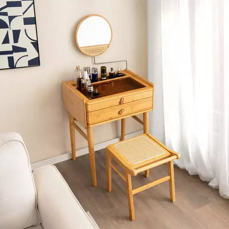 Costway Tabouret de Vanité en Bambou, Repose-Pieds Ottomane avec Dessus en Rotin, pour Salon Chambre, Naturel