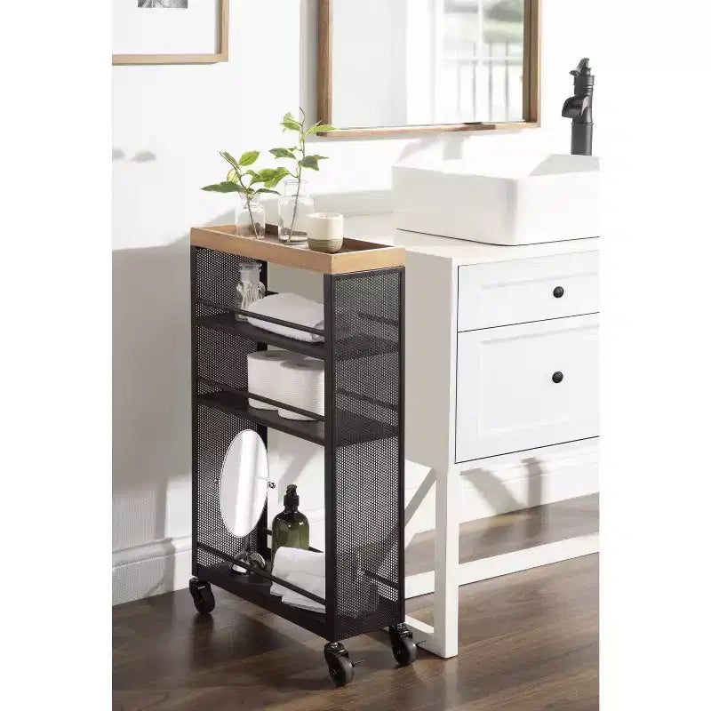 Chariot de rangement métallique rectangulaire Kate and Laurel Piazza, 18x7x30, Naturel et Noir