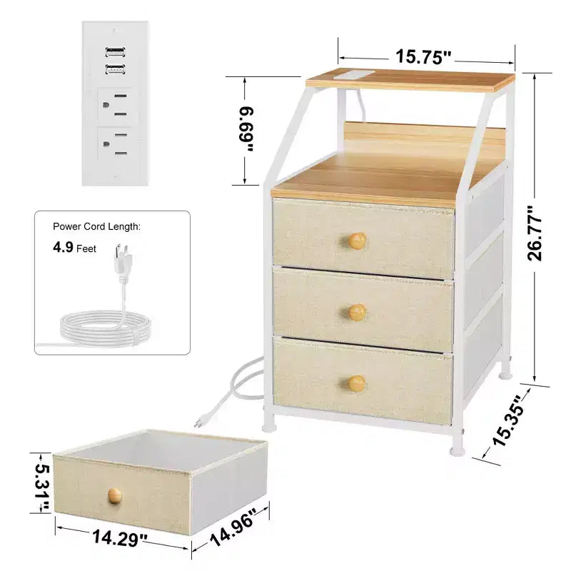 REAHOME Table de chevet moderne à 2 étagères et 3 tiroirs avec station de charge pour chambre à coucher, salon et bureau, couleur taupe