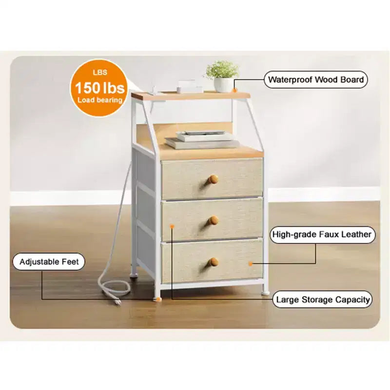 REAHOME Table de chevet moderne à 2 étagères et 3 tiroirs avec station de charge pour chambre à coucher, salon et bureau, couleur taupe