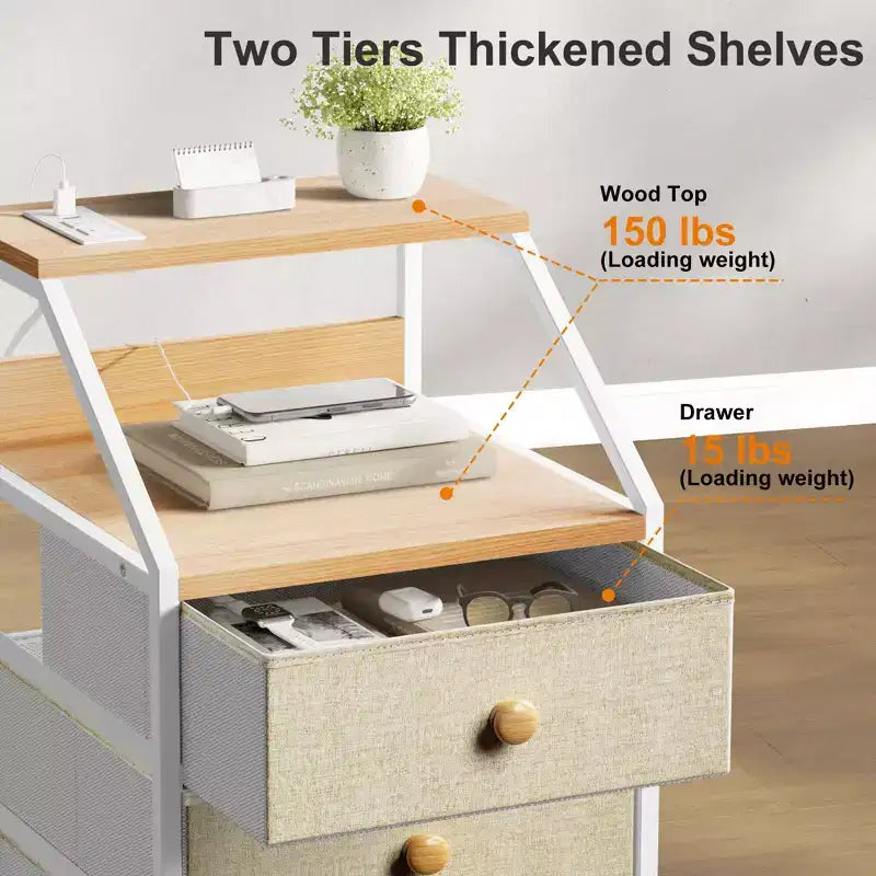 REAHOME Table de chevet moderne à 2 étagères et 3 tiroirs avec station de charge pour chambre à coucher, salon et bureau, couleur taupe