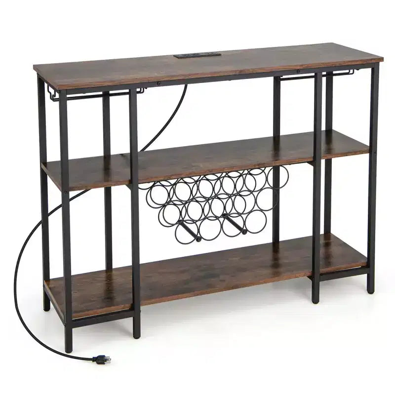 Costway Meuble Bar à Vin Étagère de Rangement pour Boissons Verres avec Prises Électriques Marron/Gris
