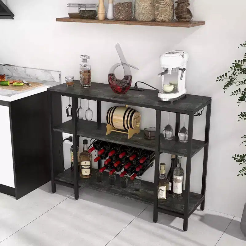 Costway Meuble Bar à Vin Étagère de Rangement pour Boissons Verres avec Prises Électriques Marron/Gris
