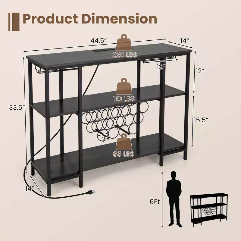 Costway Meuble Bar à Vin Étagère de Rangement pour Boissons Verres avec Prises Électriques Marron/Gris