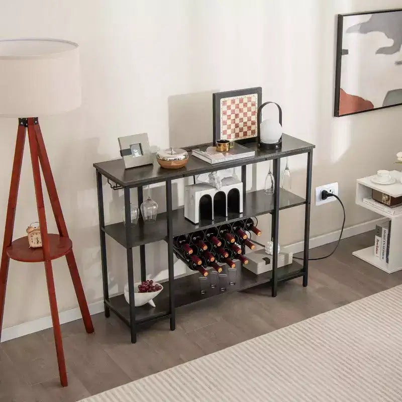 Costway Meuble Bar à Vin Étagère de Rangement pour Boissons Verres avec Prises Électriques Marron/Gris