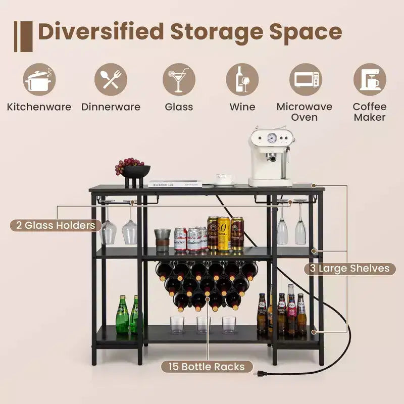 Costway Meuble Bar à Vin Étagère de Rangement pour Boissons Verres avec Prises Électriques Marron/Gris