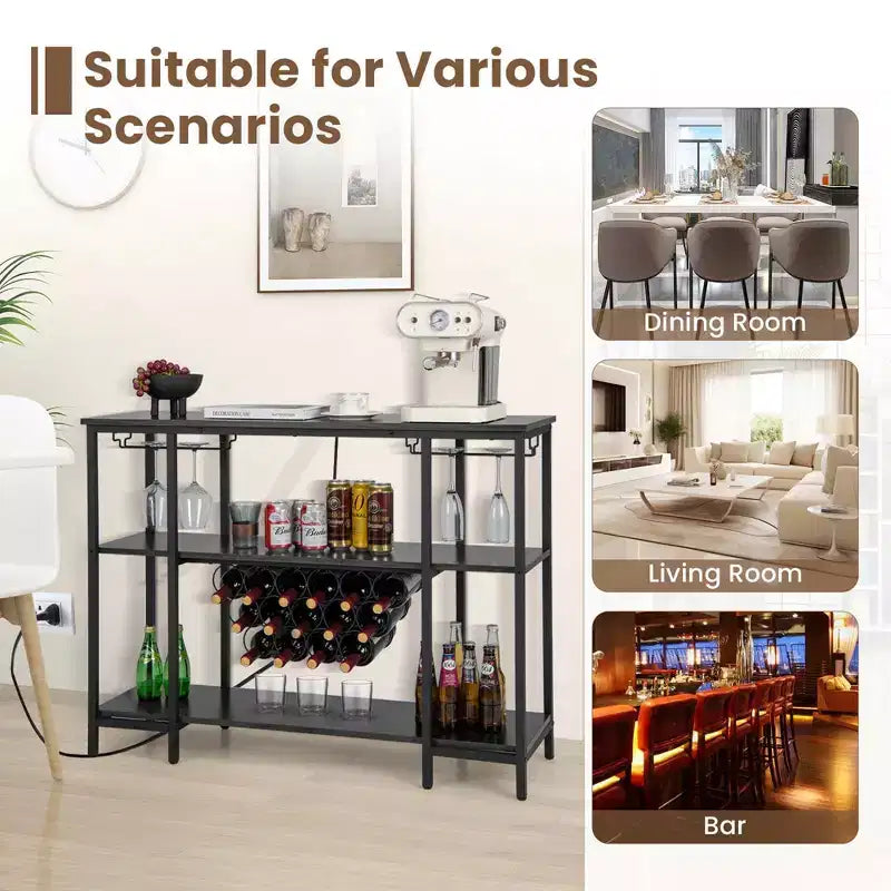Costway Meuble Bar à Vin Étagère de Rangement pour Boissons Verres avec Prises Électriques Marron/Gris