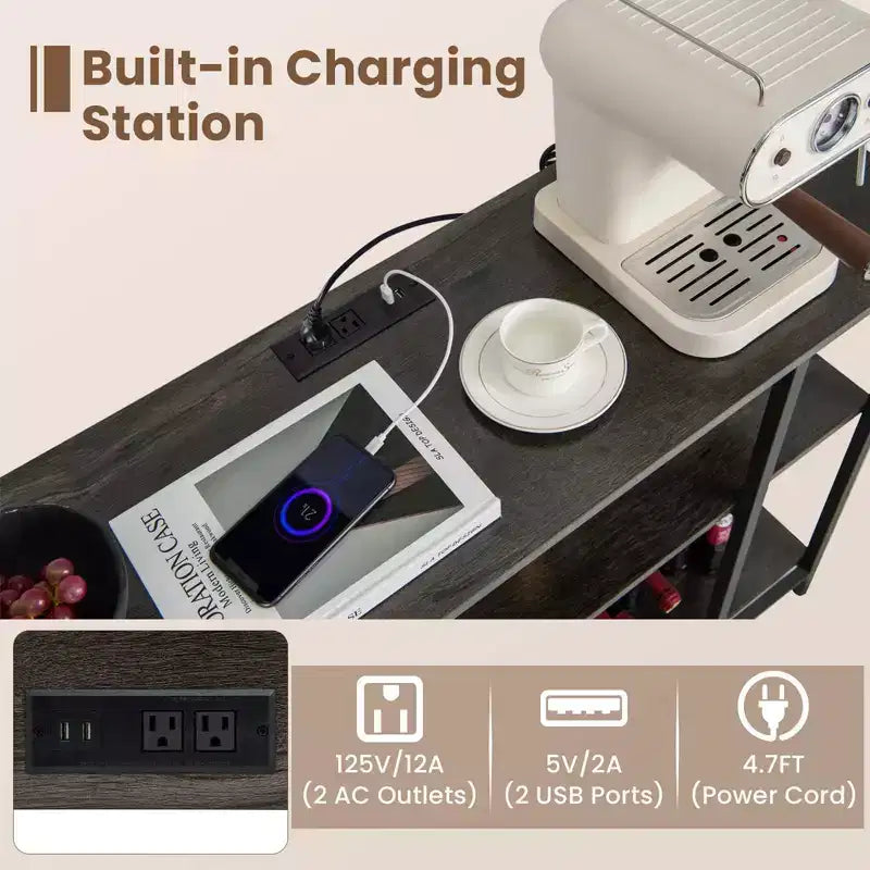 Costway Meuble Bar à Vin Étagère de Rangement pour Boissons Verres avec Prises Électriques Marron/Gris