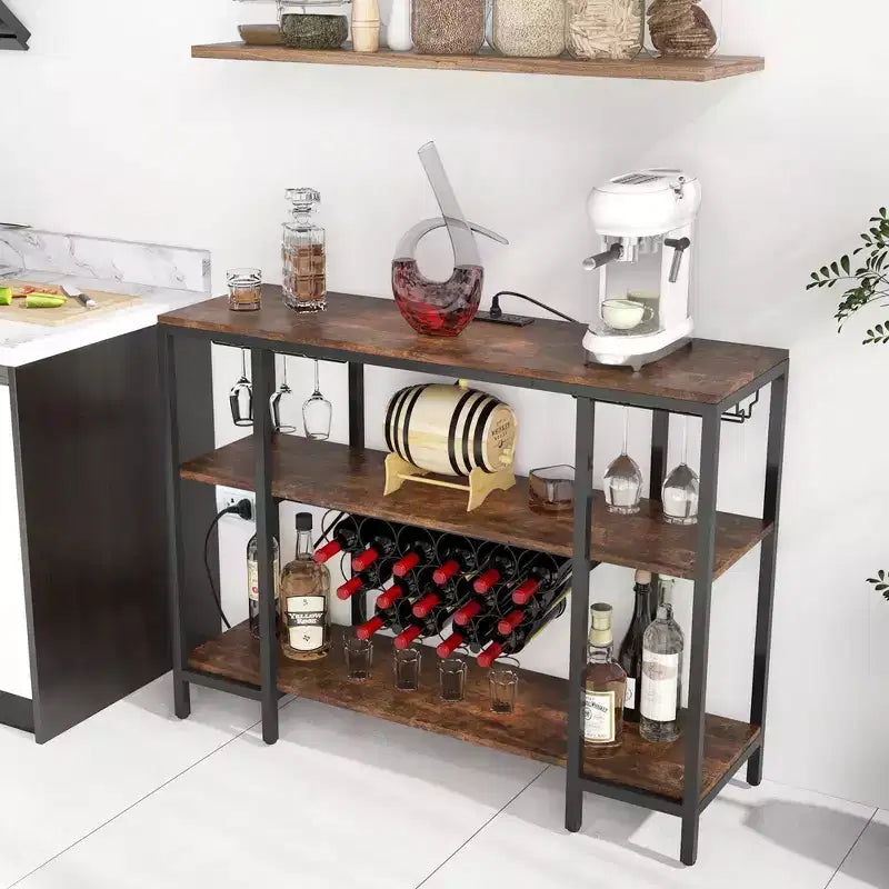 Costway Meuble Bar à Vin Étagère de Rangement pour Boissons Verres avec Prises Électriques Marron/Gris