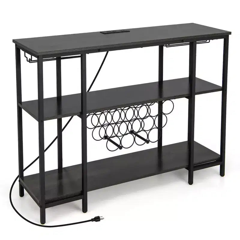 Costway Meuble Bar à Vin Étagère de Rangement pour Boissons Verres avec Prises Électriques Marron/Gris