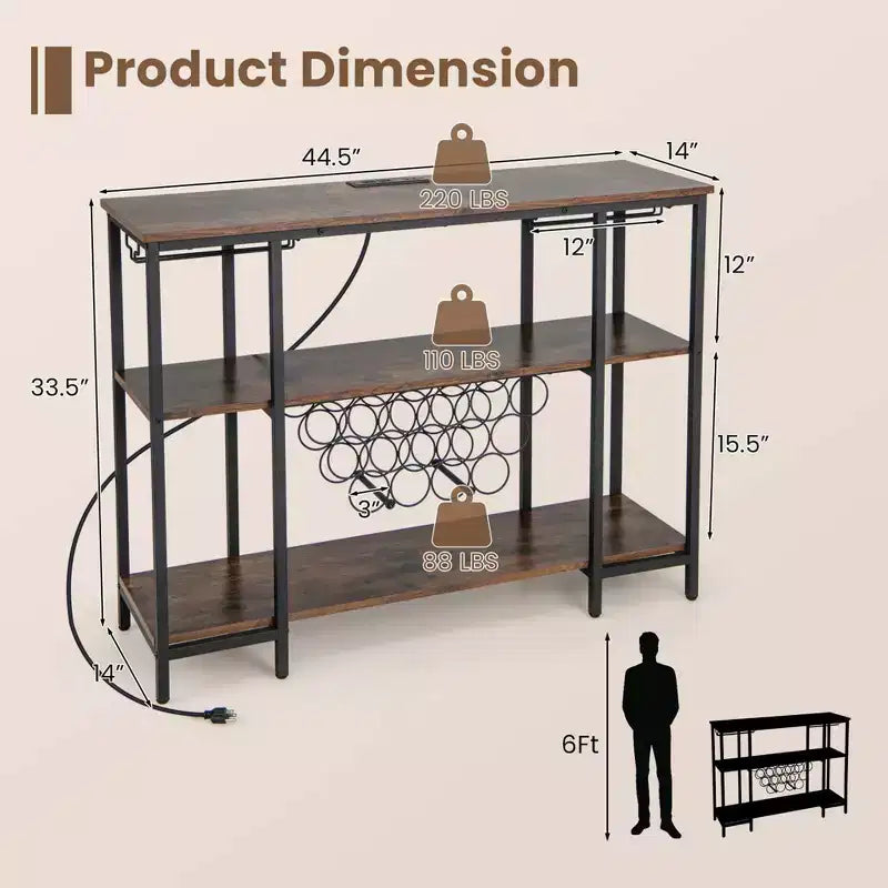 Costway Meuble Bar à Vin Étagère de Rangement pour Boissons Verres avec Prises Électriques Marron/Gris