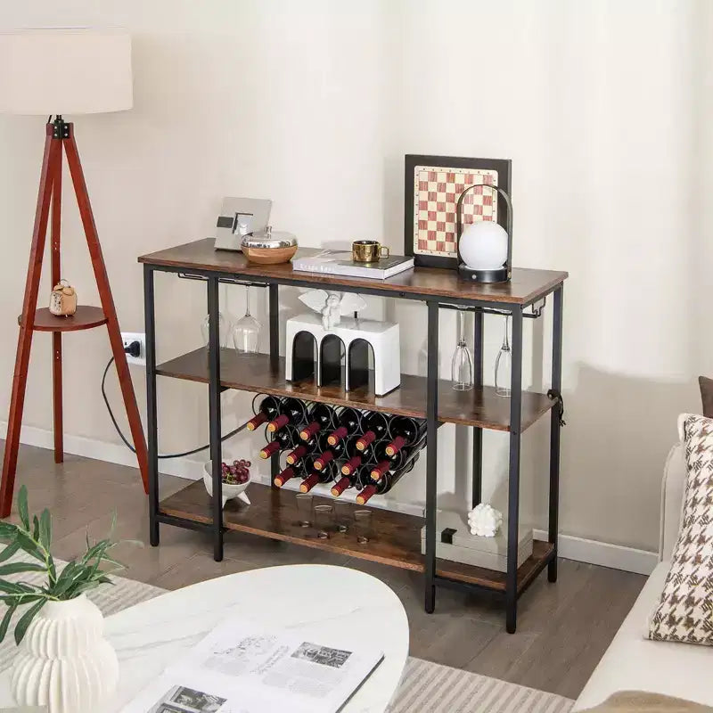 Costway Meuble Bar à Vin Étagère de Rangement pour Boissons Verres avec Prises Électriques Marron/Gris