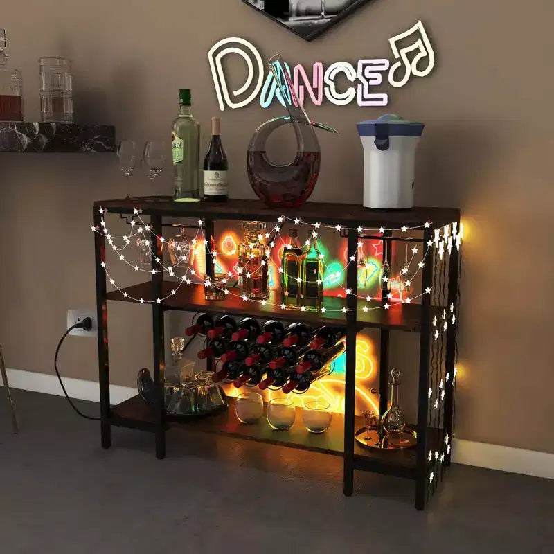 Costway Meuble Bar à Vin Étagère de Rangement pour Boissons Verres avec Prises Électriques Marron/Gris