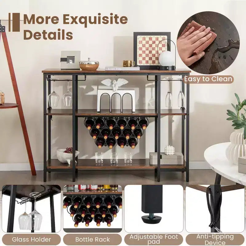 Costway Meuble Bar à Vin Étagère de Rangement pour Boissons Verres avec Prises Électriques Marron/Gris